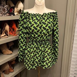 Diane Von Furstenberg Black and Green Geometric-Print Blouse